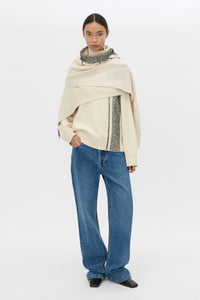 Front styled view CAMILLA AND MARC Tusk Knit Stripe Scarf in Black with striped jacquard graphic and Australian wool fabrication.