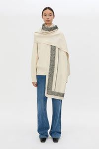 Front view CAMILLA AND MARC Tusk Knit Stripe Scarf in Black styled with the Rune Denim Jean.