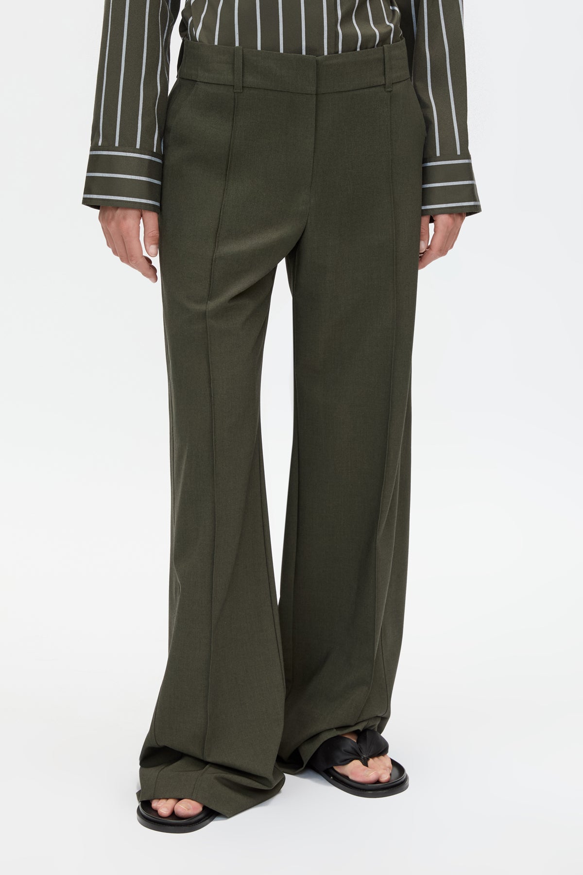 Cropped view CAMILLA AND MARC Una Straight Leg Trouser in Emerald Green with front pintucks, and a tailored waistband.