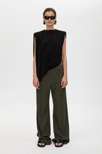 Front styled view CAMILLA AND MARC Una Straight Leg Trouser in Emerald Green with front pintucks, and a tailored waistband.
