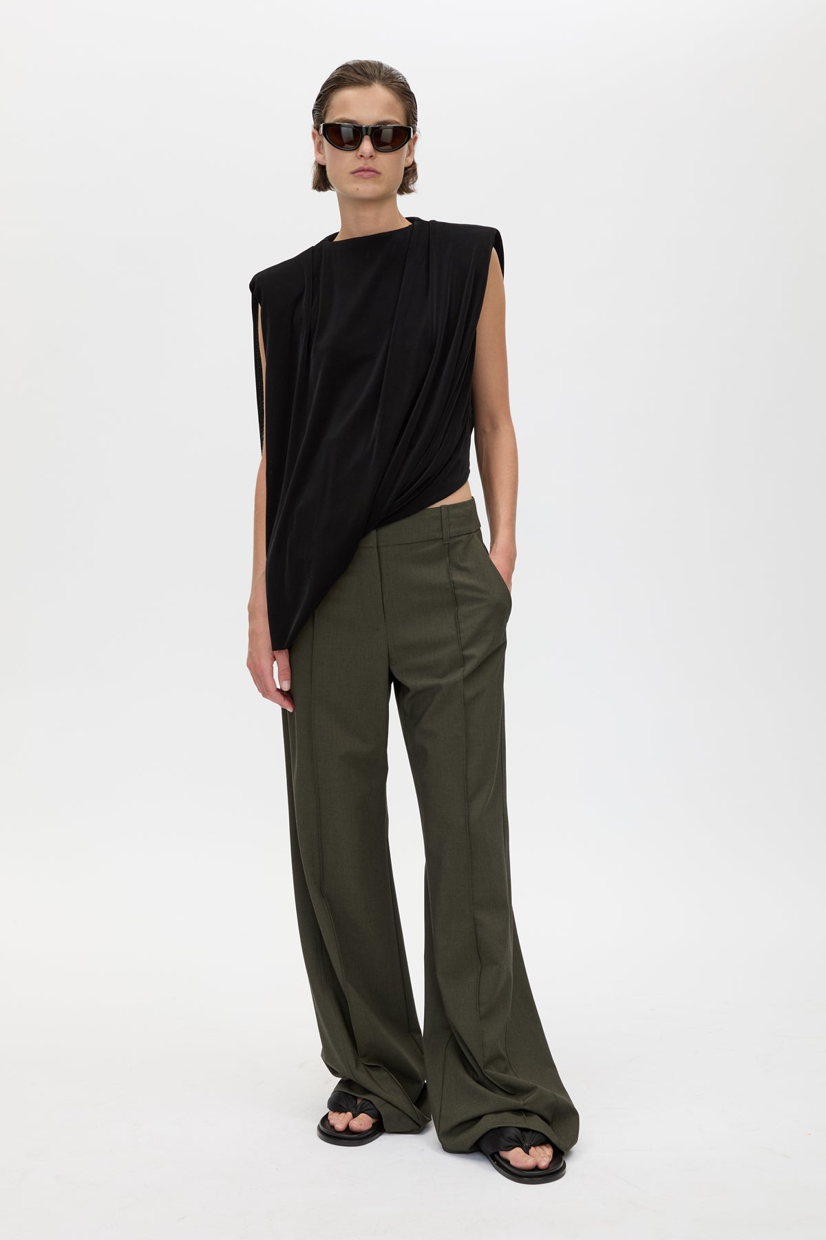 Front view CAMILLA AND MARC Una Straight Leg Trouser in Emerald Green with front pintucks, and a tailored waistband.
