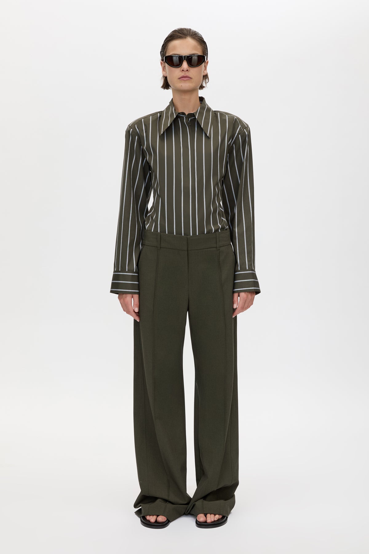 Front view CAMILLA AND MARC Una Straight Leg Trouser in Emerald Green styled with the Tarn Fitted Stripe Shirt.