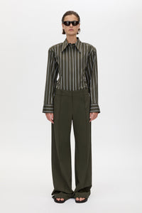 Front view CAMILLA AND MARC Una Straight Leg Trouser in Emerald Green styled with the Tarn Fitted Stripe Shirt.