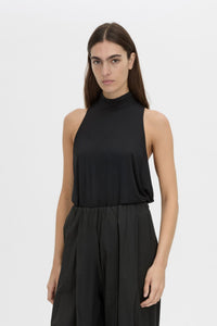 crop view CAMILLA AND MARC Valerie High Neck Bodysuit in black with low‑armhole and long‑line draping.