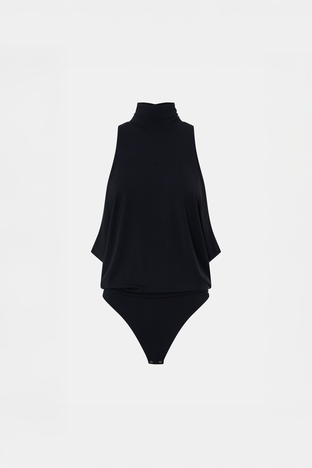 Ghost view CAMILLA AND MARC Valerie High Neck Bodysuit in black with low‑armhole and long‑line draping.