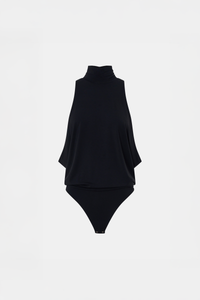 Ghost view CAMILLA AND MARC Valerie High Neck Bodysuit in black with low‑armhole and long‑line draping.
