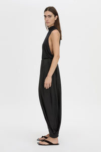 Side view CAMILLA AND MARC Valerie High Neck Bodysuit in black with low‑armhole and long‑line draping.