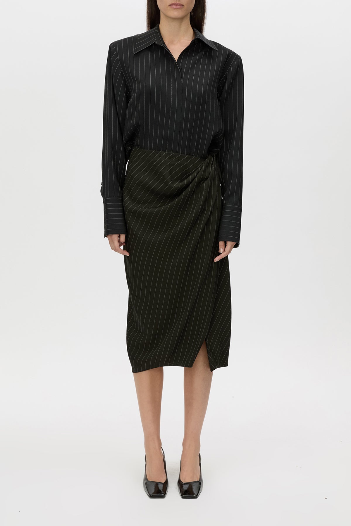 Varda Skirt - CAMILLA AND MARC Varda stripe wrap midi length skirt with centre front split