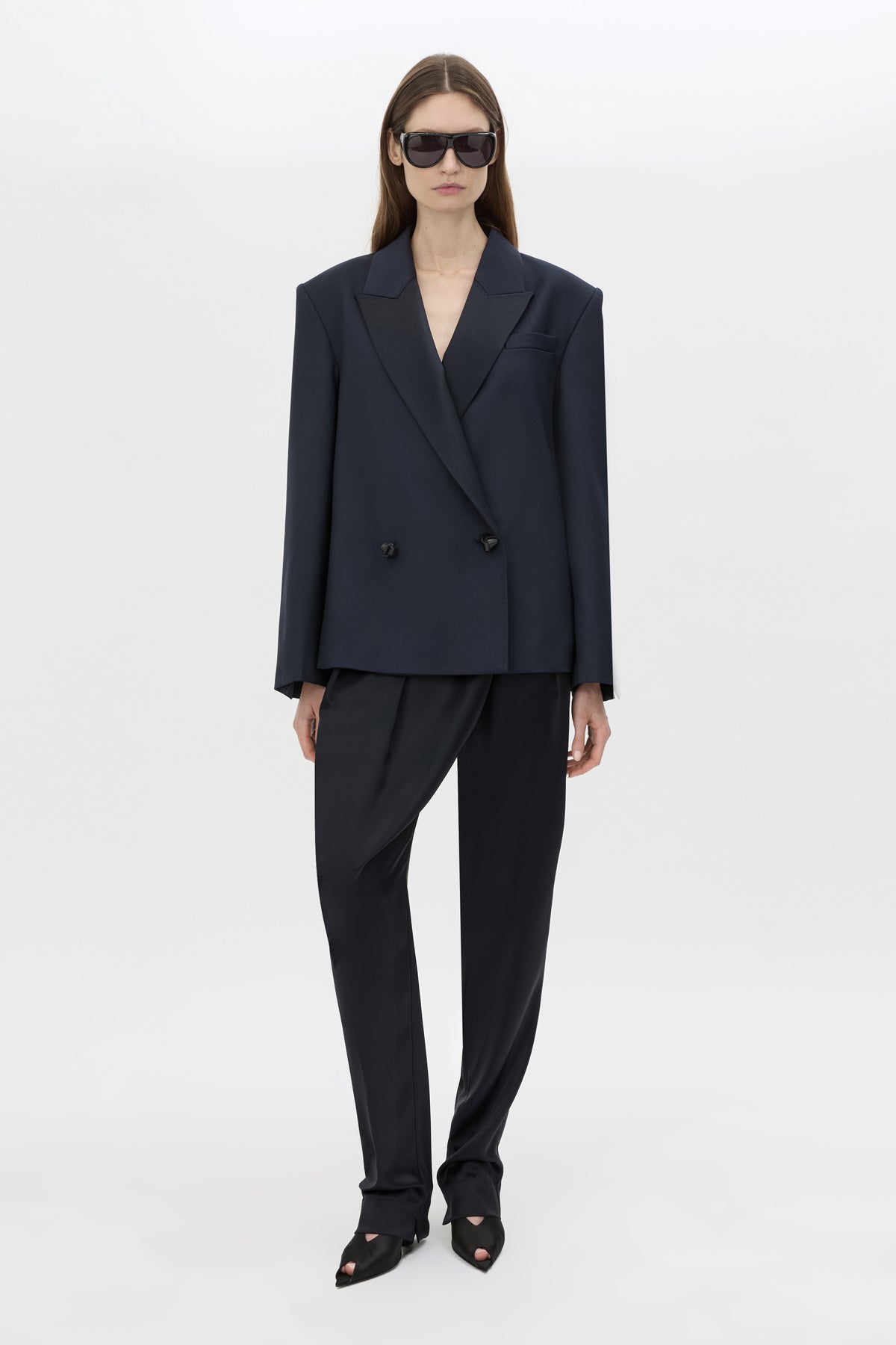 Front-styled view CAMILLA AND MARC Velin Blazer in french navy with contrast satin lapels.