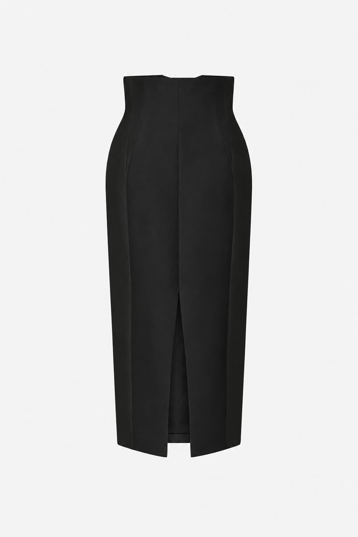 Ghost view CAMILLA AND MARC high-waisted Vene Midi Skirt in black with sculpted dart detailing and a front split.