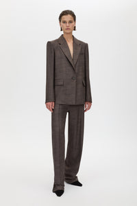 Front view CAMILLA AND MARC Verna Relaxed Fit Blazer in Chocolate, crafted in an Australian wool, linen and silk twill blend.