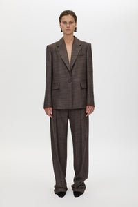Front styled view CAMILLA AND MARC Verna Relaxed Fit Blazer in Chocolate, crafted in an Australian wool, linen and silk twill blend.