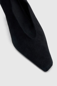 Cropped view CAMILLA AND MARC Wave Pump in Black suede with narrow square toe and angled heel.