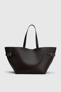 Front view CAMILLA AND MARC Willa Tote in Chocolate Brown with side strap and buckle detailing and magnetic button closure.