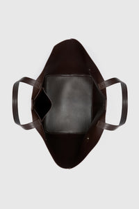 Top view CAMILLA AND MARC Willa Tote in Chocolate Brown with side strap and buckle detailing and magnetic button closure.