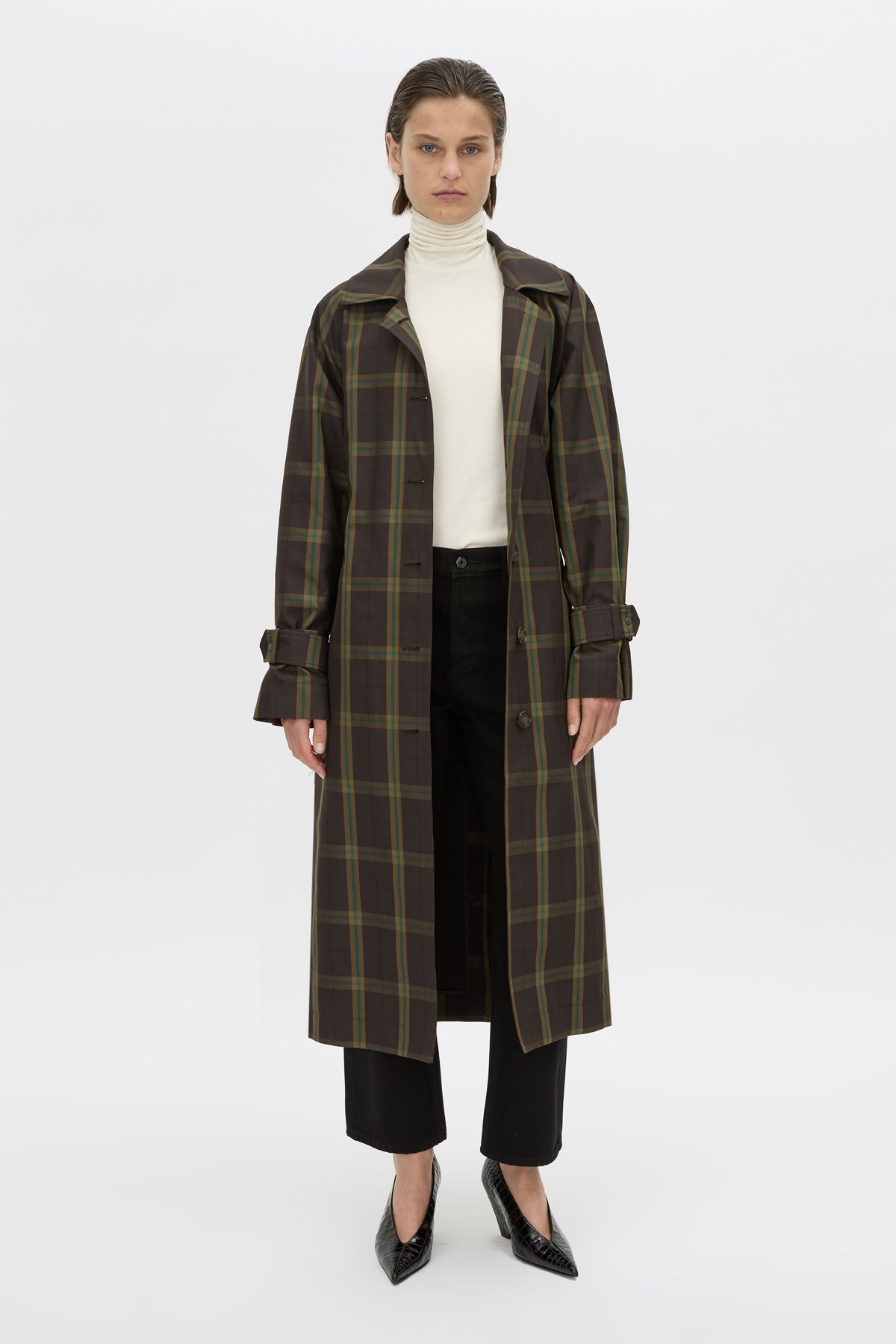 Front styled view CAMILLA AND MARC Winton Check Trench Coat in espresso check.