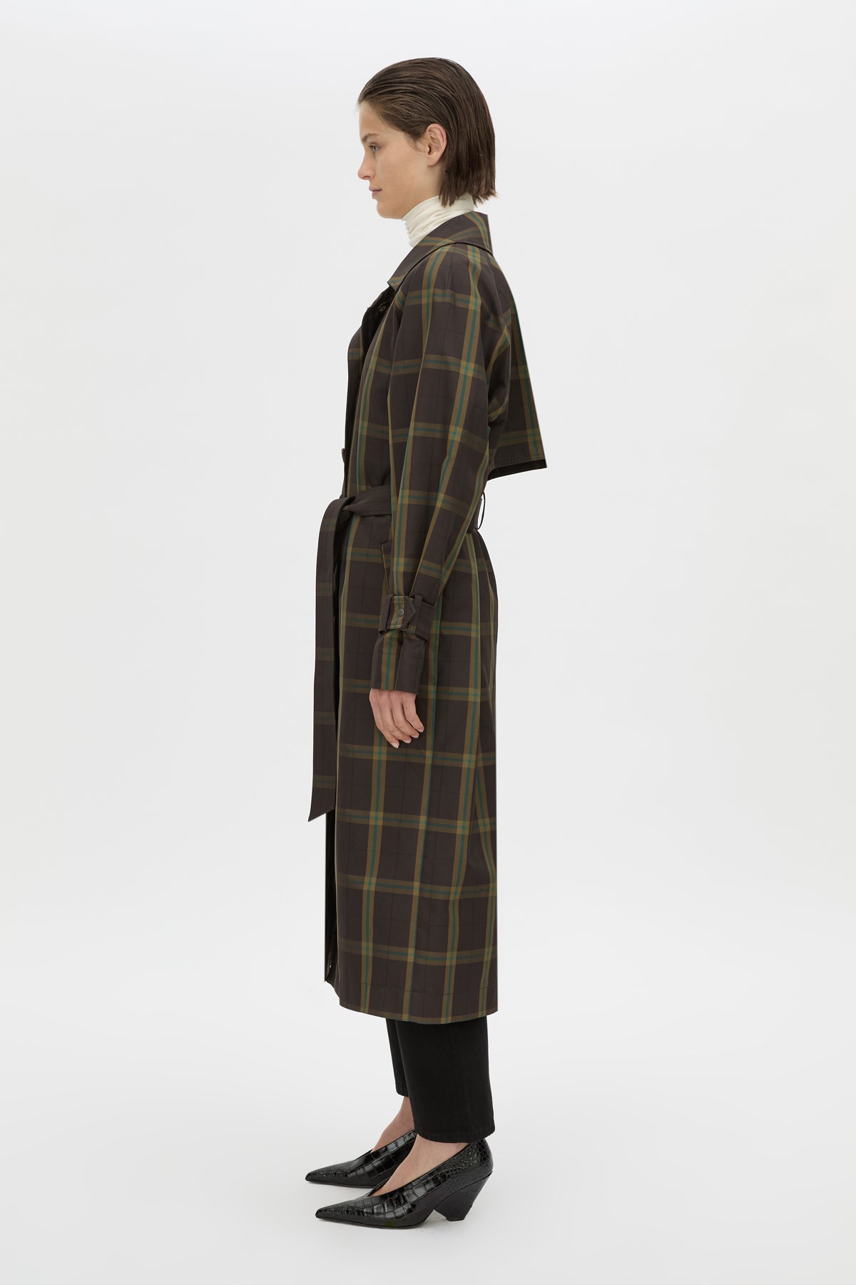 Side view CAMILLA AND MARC Winton Check Trench Coat in espresso check.