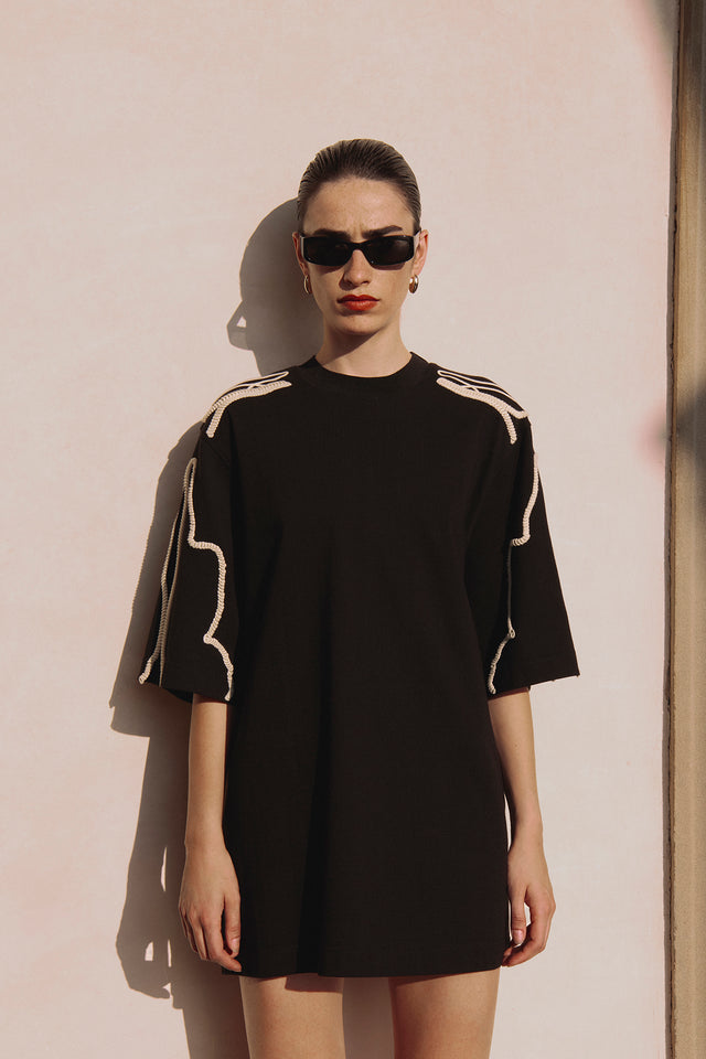 Lanza Oversized Embroidered Tee Dress in Black - CAMILLA AND MARC