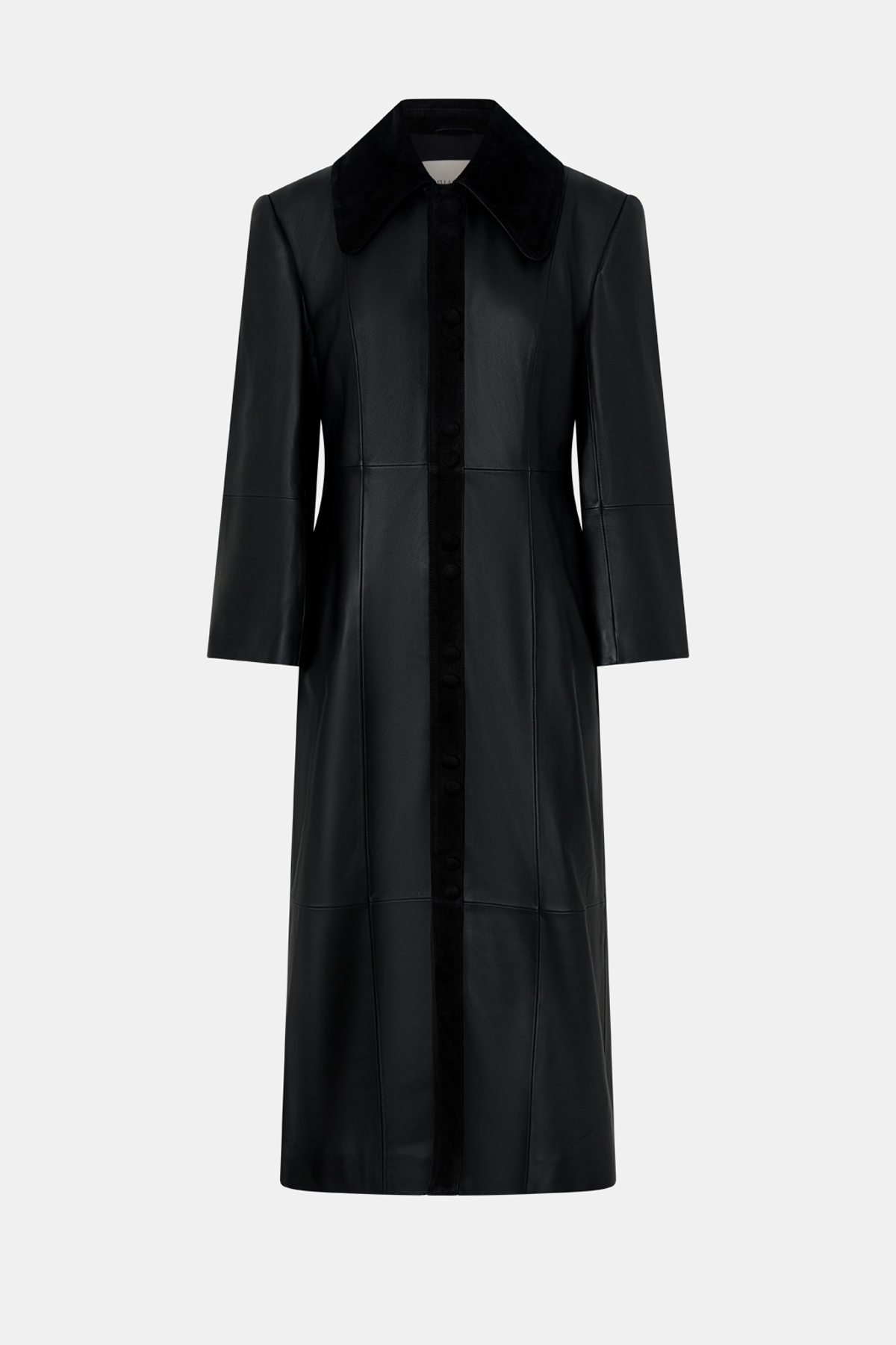 Ghost view CAMILLA AND MARC Yaz Leather Coat in black with contrast suede collar and placket.