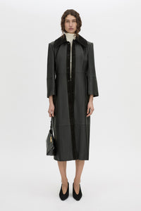 Front-styled view CAMILLA AND MARC Yaz Leather Coat in black with contrast suede collar and placket.