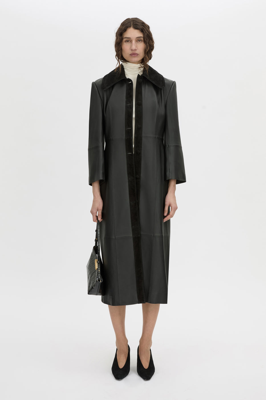 Front-styled view CAMILLA AND MARC Yaz Leather Coat in black with contrast suede collar and placket.