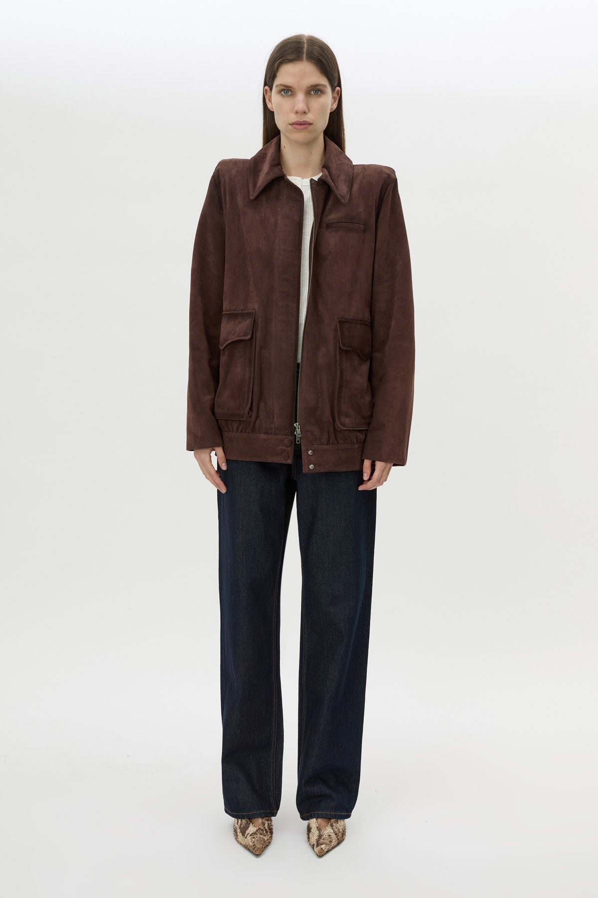 Front styled view CAMILLA AND MARC Zaha Bomber in Redwood suede with sculpted shoulders and 100% cow suede leather.
