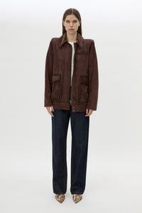 Front styled view CAMILLA AND MARC Zaha Bomber in Redwood suede with sculpted shoulders and 100% cow suede leather.