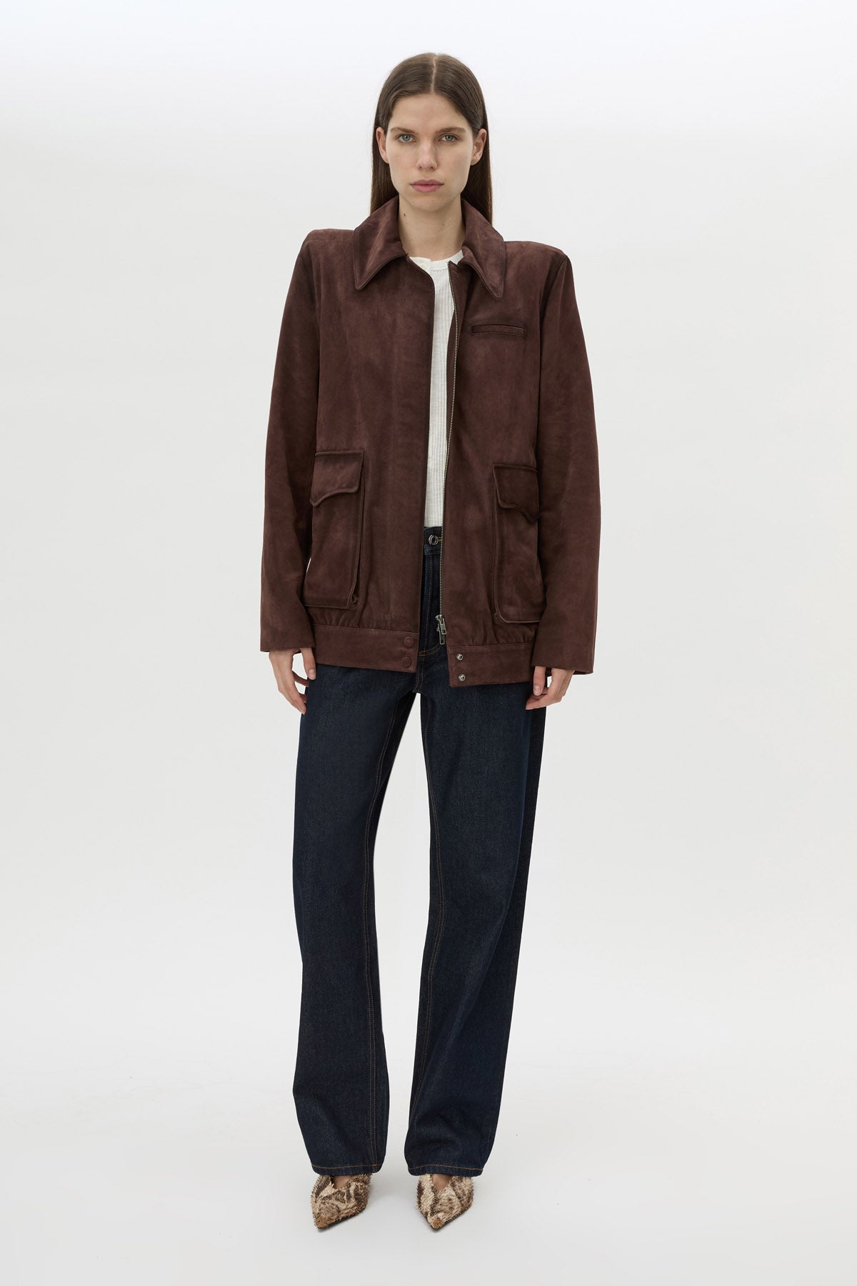 Front view CAMILLA AND MARC Zaha Bomber in Redwood suede with sculpted shoulders and 100% cow suede leather.