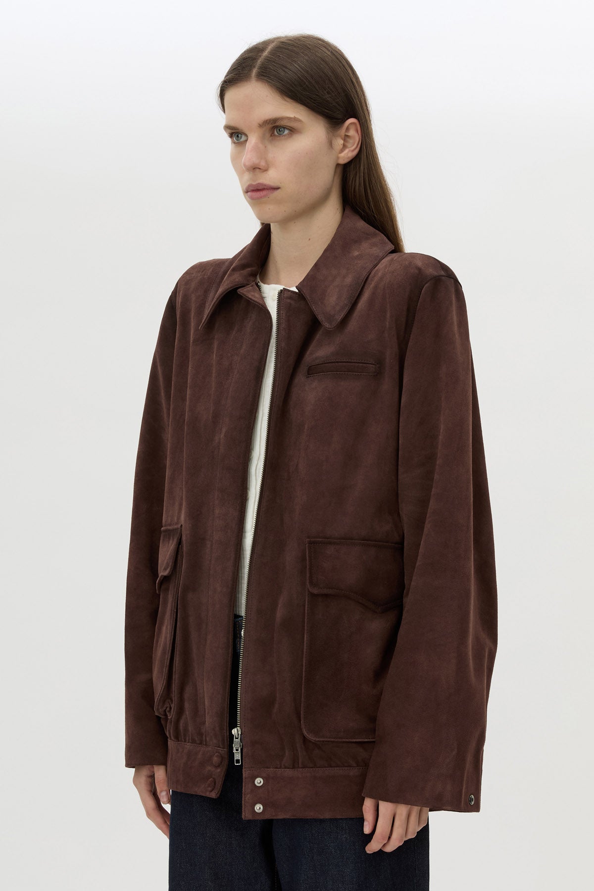 Cropped view CAMILLA AND MARC Zaha Bomber in Redwood suede with sculpted shoulders and 100% cow suede leather.