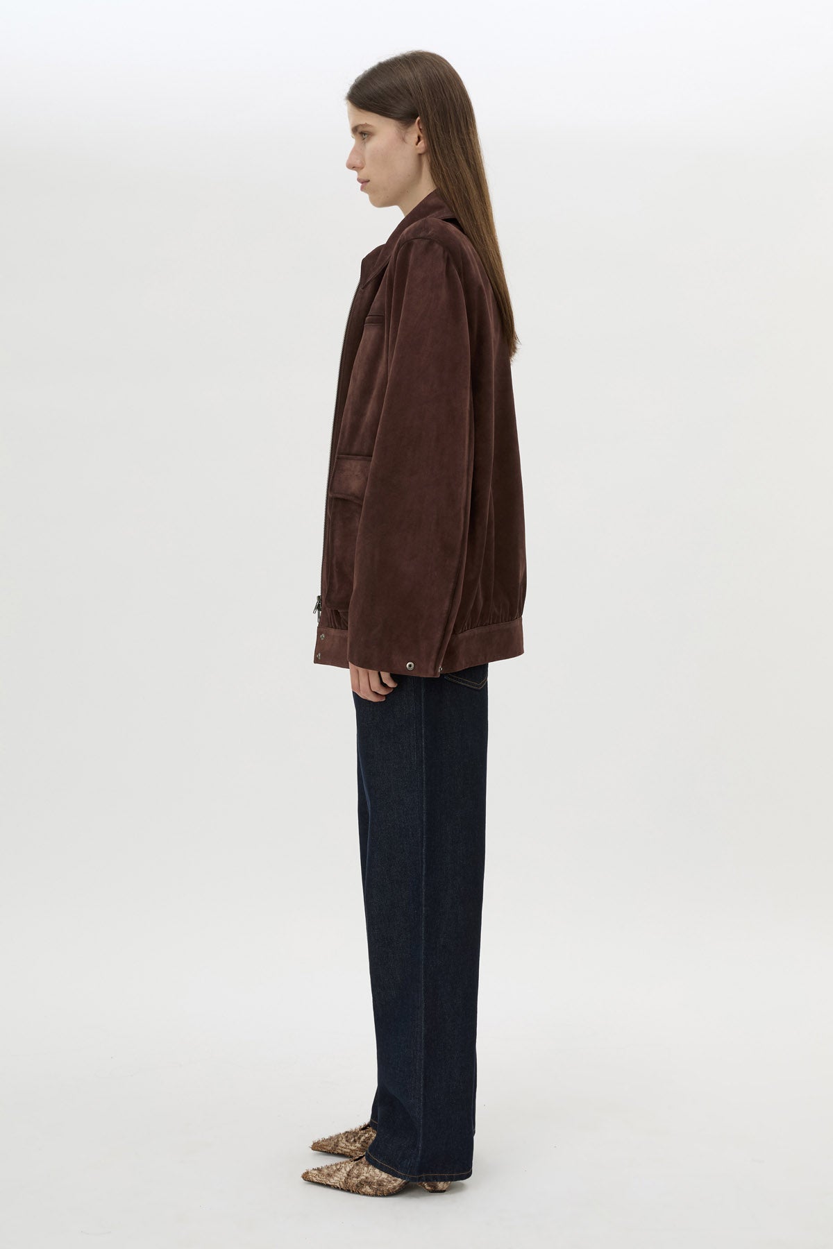 Side view CAMILLA AND MARC Zaha Bomber in Redwood suede with sculpted shoulders and 100% cow suede leather.