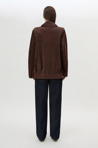 Back view CAMILLA AND MARC Zaha Bomber in Redwood suede with sculpted shoulders and 100% cow suede leather.