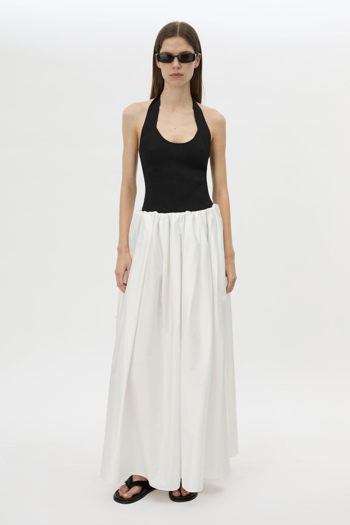 Front view CAMILLA AND MARC Zaya Maxi Skirt in Cream with gathered volume, and concealed elastic waistband.