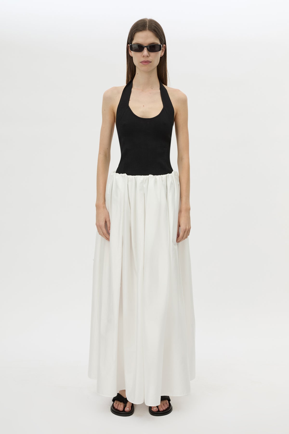 Front styled view CAMILLA AND MARC Zaya Maxi Skirt in Cream with gathered volume, and concealed elastic waistband.
