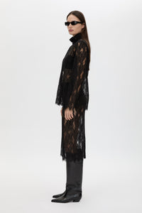 Side view CAMILLA AND MARC Zemira Long Sleeve Lace Top in Black with sheer lace and high neckband.