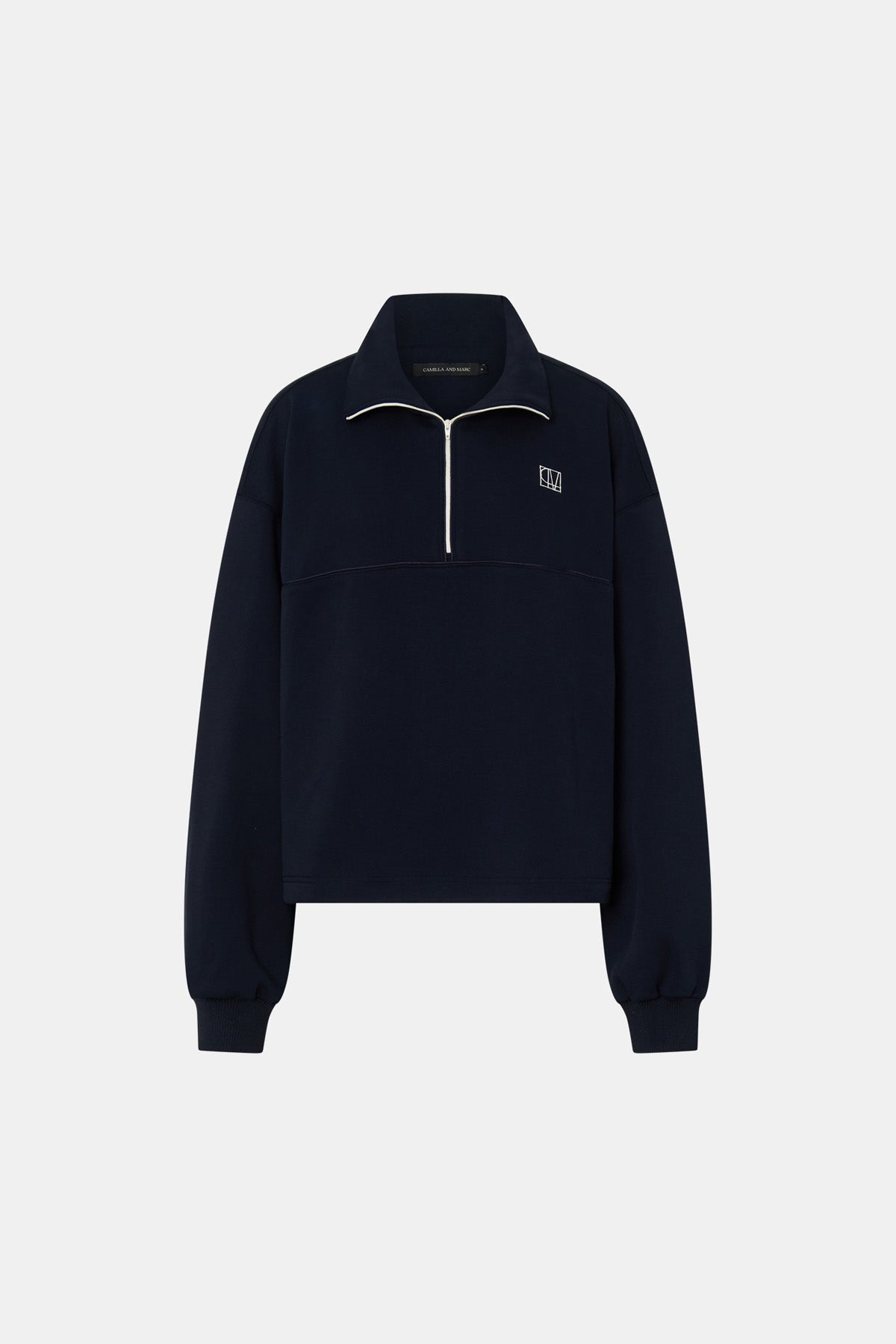 Zylus Sweater - CAMILLA AND MARC Zylus funnel neck pullover sweater in navy/white with contrast embroidered monogram