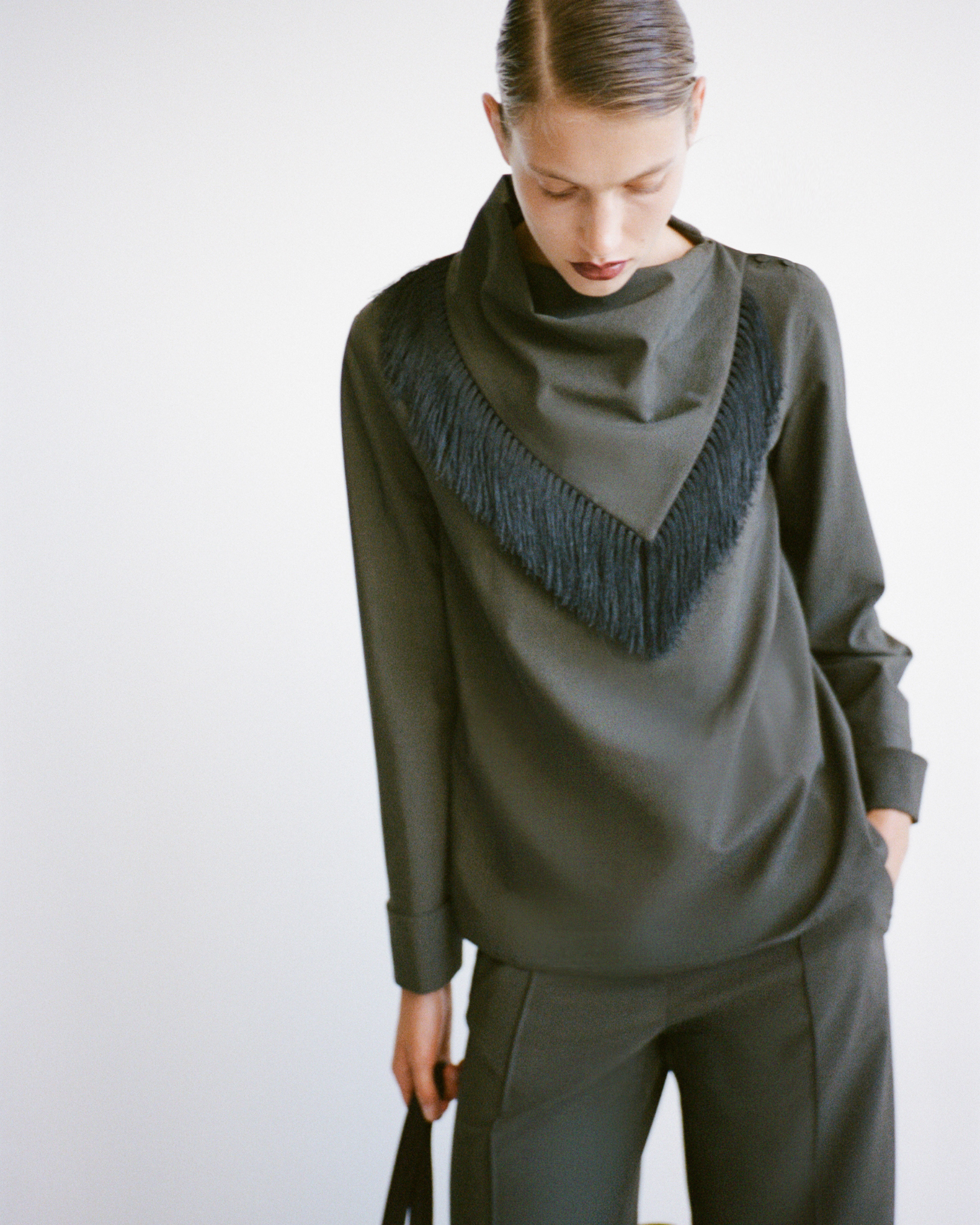 CAMILLA AND MARC PF26 - Una Drape Collar Shirt in dark emerald close up 