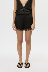 Cropped view CAMILLA AND MARC Mirage Lace Trim Short in Black, featuring a satin fabrication, and elastic waistband.