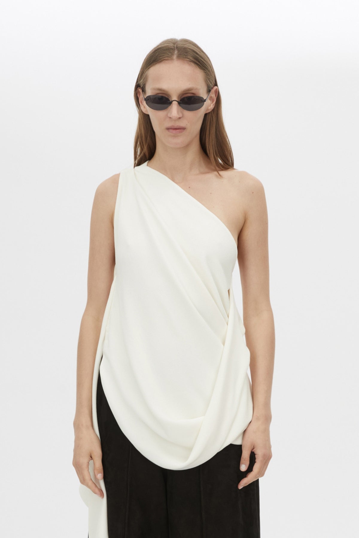 Cropped view CAMILLA AND MARC Eon Top in Cream with a draped asymmetric silhouette.