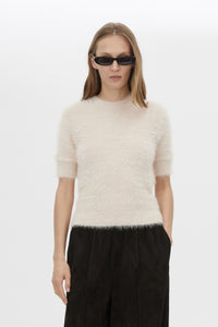 Close Up View CAMILLA AND MARC Maxime Knit Top in powder pink with a slim fit and knit fabric.