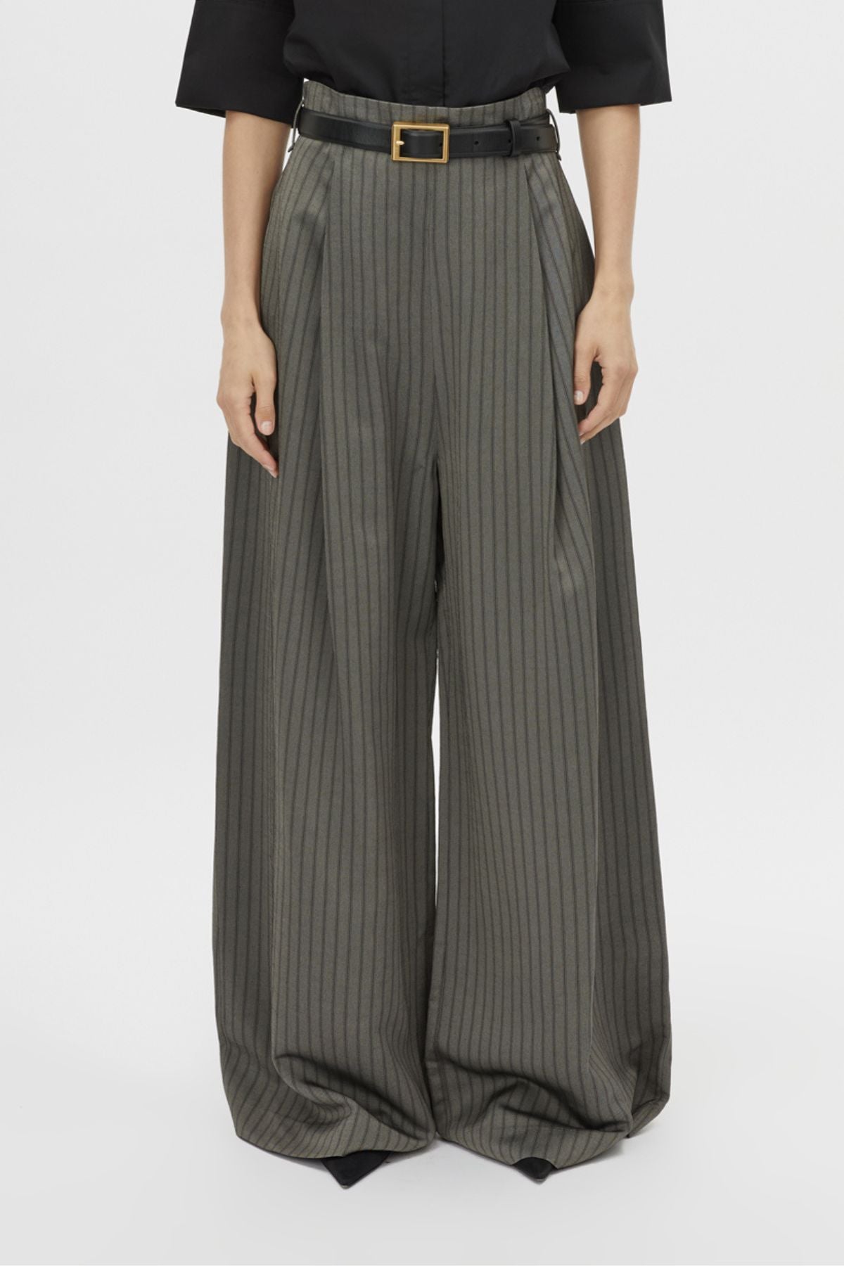 Cropped view CAMILLA AND MARC Mina Pant in Steel Grey Stripe with a high‑waisted wide‑leg silhouette and corseted waist.