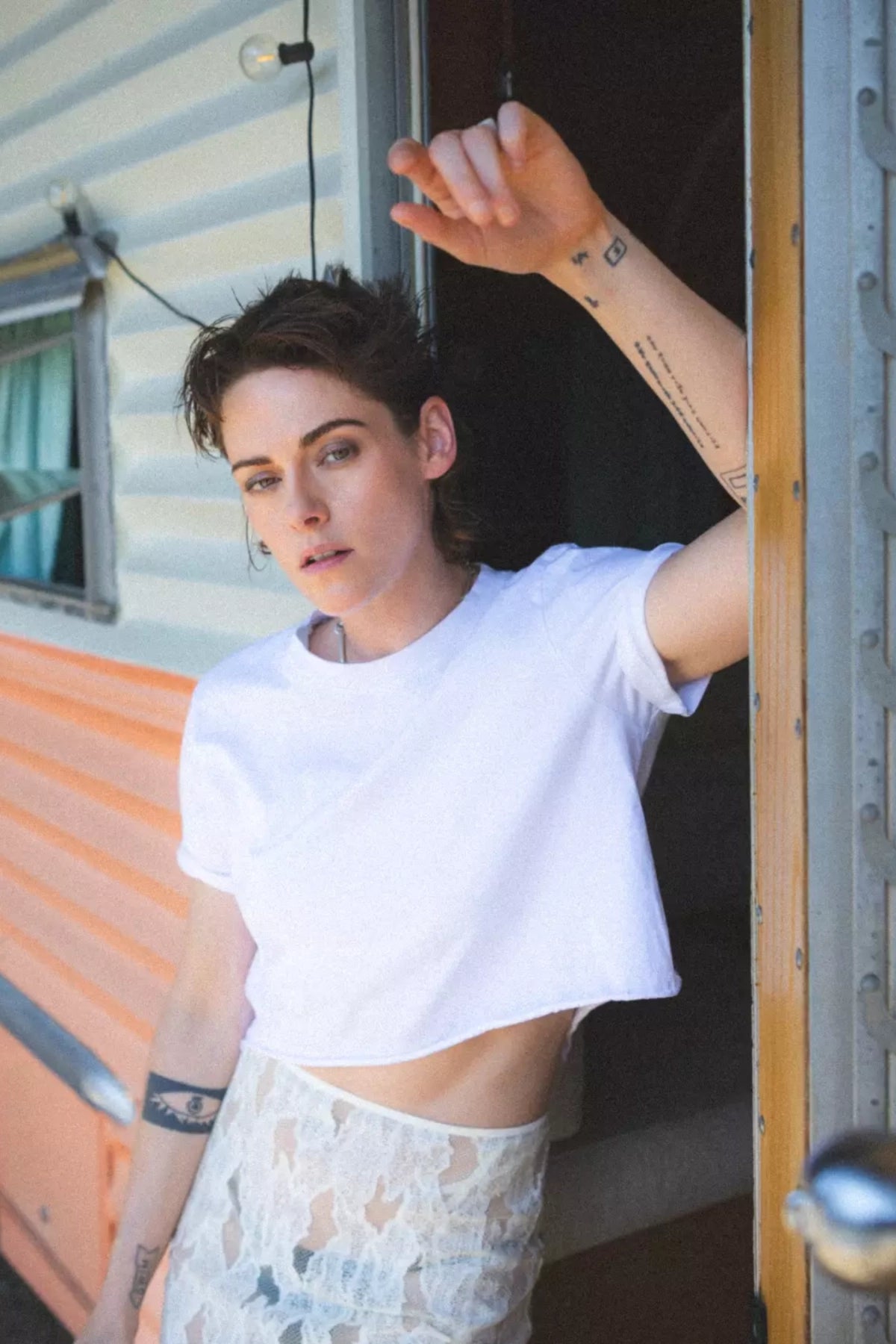 Kristen Stewart wears CAMILLA AND MARC Zemira Lace Skirt in the LA Times.