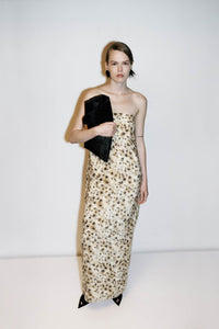 Campaign view CAMILLA AND MARC strapless Sentra Maxi Dress in Sentra print with structured internal bodice.