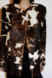 Cropped campaign view CAMILLA AND MARC Myna Printed Jacket in chocolate fur leather.