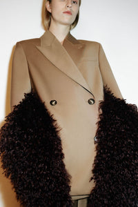 Campaign view CAMILLA AND MARC Renley Stole in burgundy faux‑fur.