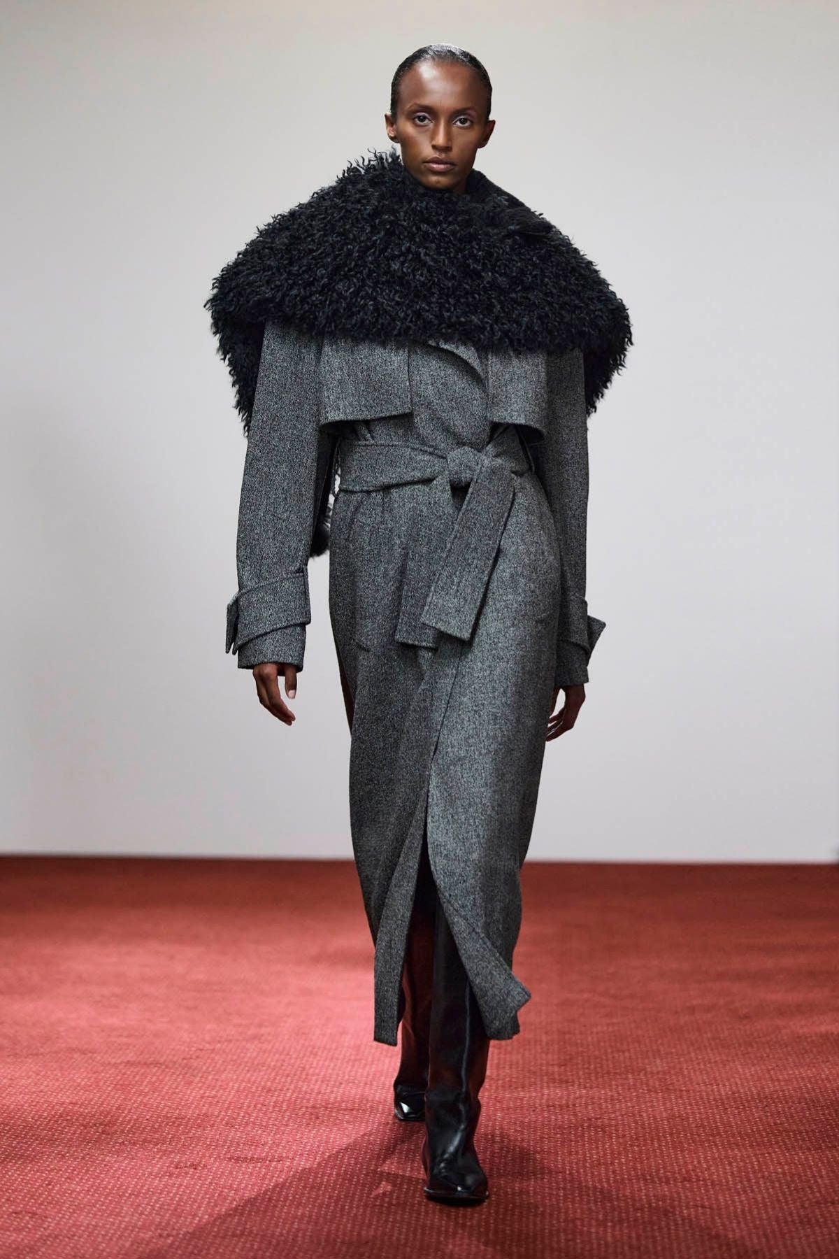 Runway view CAMILLA AND MARC Cinder Trench Coat in charcoal grey with detachable contrast shearling collar.