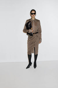 Campaign view CAMILLA AND MARC Mannix midi skirt in chocolate check.